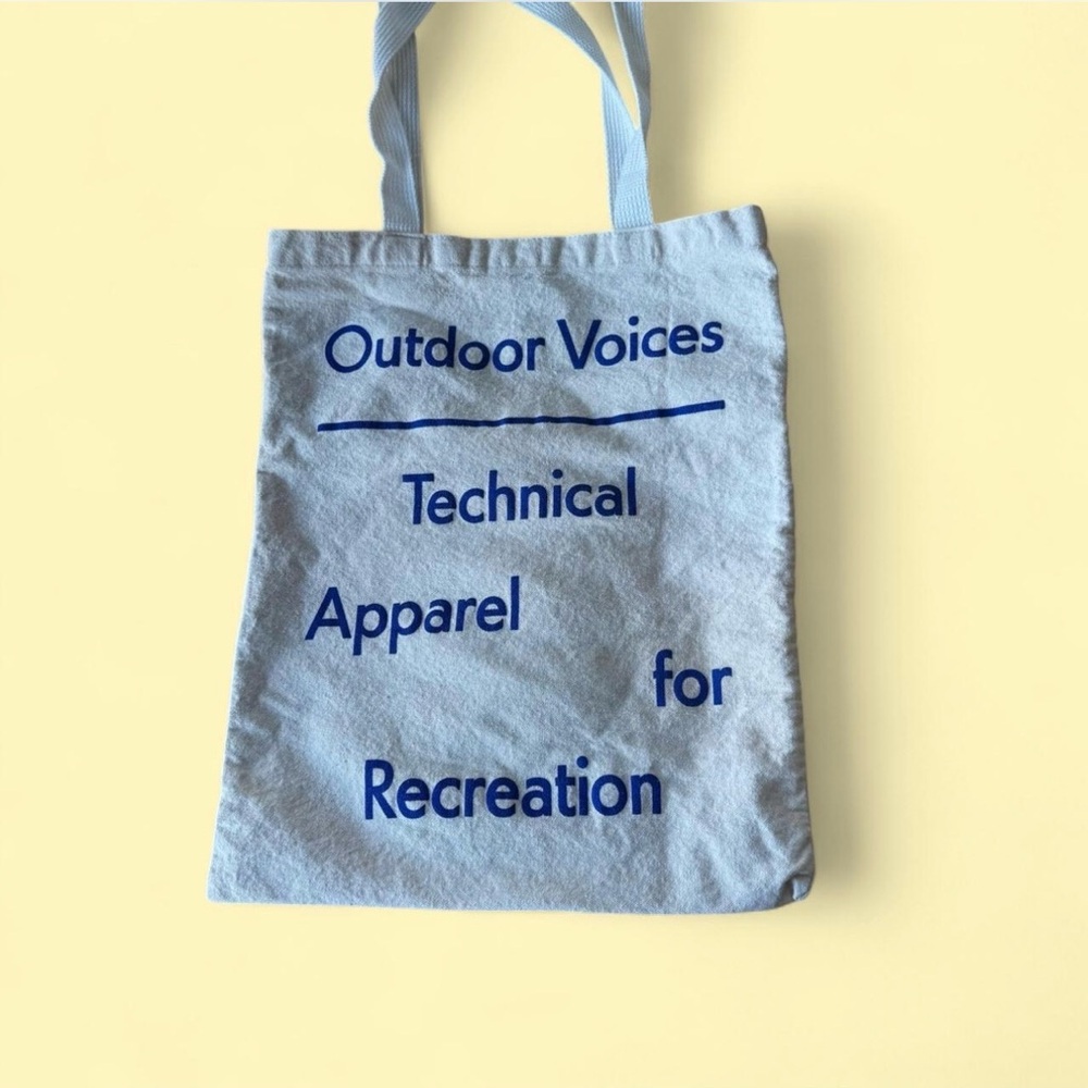 Outdoor Voices cream Tote with Blue Text